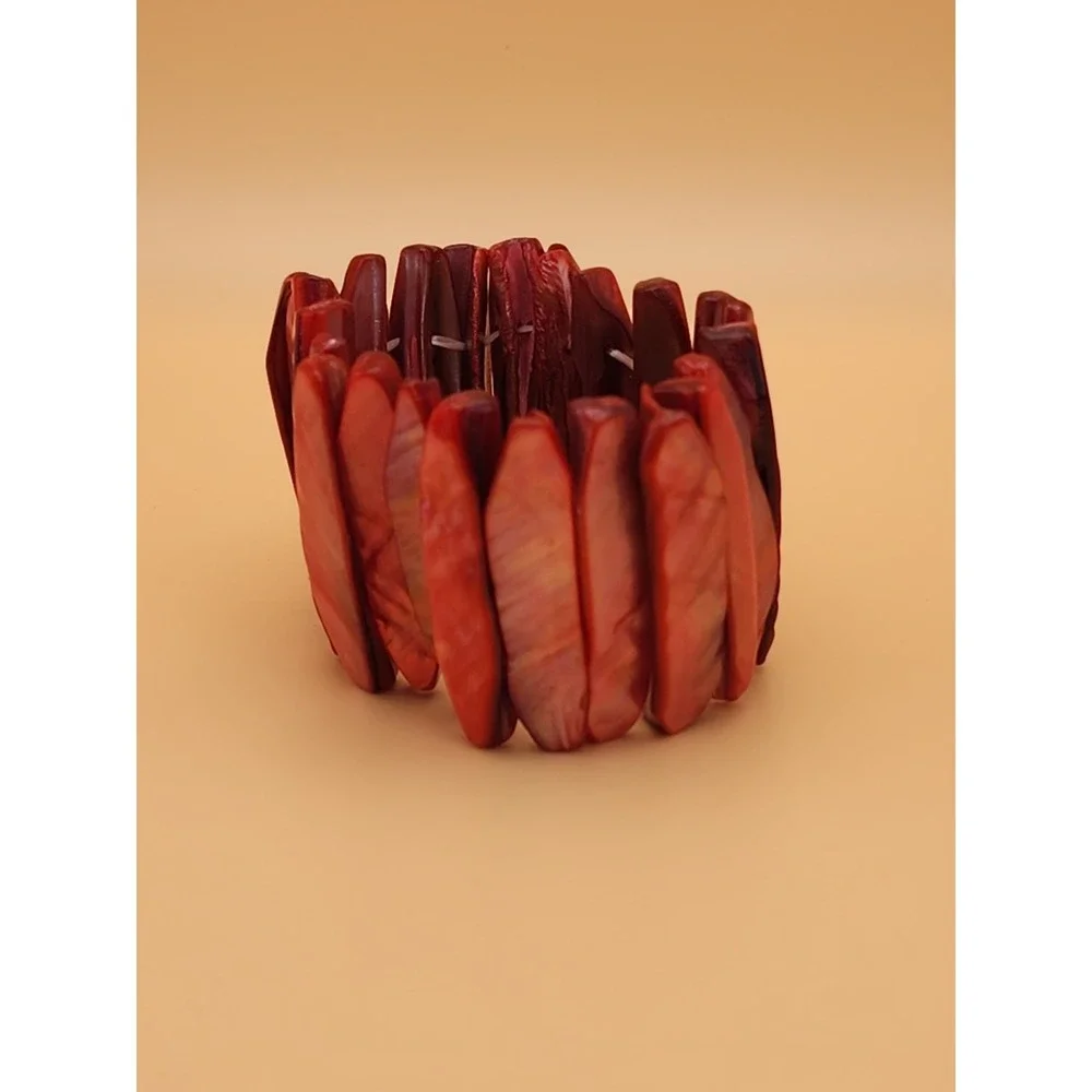 Vtg Gorgeous Red Pink Natural Abolone Shell Wide Stretchy Bracelet FREE $HIPPING